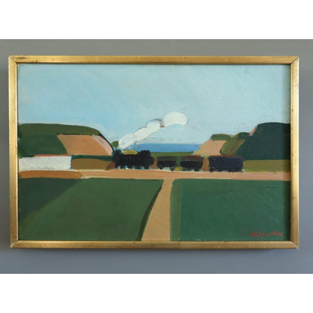 THE STEAM TRAIN Size: 13.2 x 19.9 inches (including frame) Oil on board A charming mid-century modernist landscape...