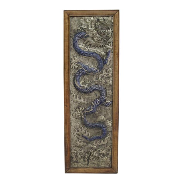 Chinese Silver Metal Relief Blue Enamel Painted Dragon Panel in Wood Frame For Sale