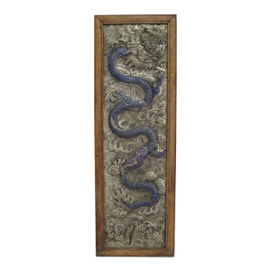 Chinese Silver Metal Relief Blue Enamel Painted Dragon Panel in Wood Frame