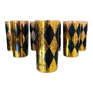 1960s Vintage Harlequin Barware Glasses in Black and Gold Leaf - Set of 8