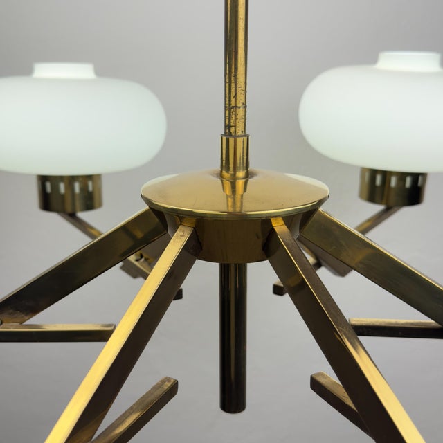 Mid-Century Brass and Opaline Glass Chandelier from Stilnovo, Italy, 1970s For Sale - Image 18 of 18