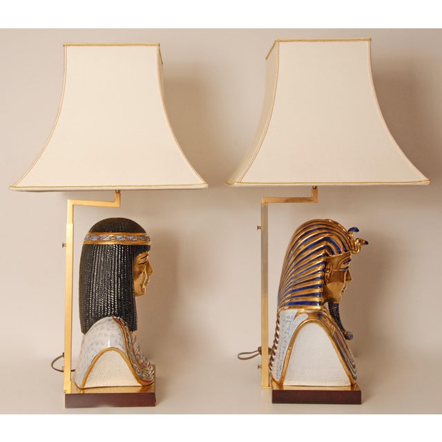 Mid-Century Modern Italian Table Lamps Capodimonte Porcelain King Tut and Cleopatra Gold Lamps - A Pair For Sale - Image 3 of 17