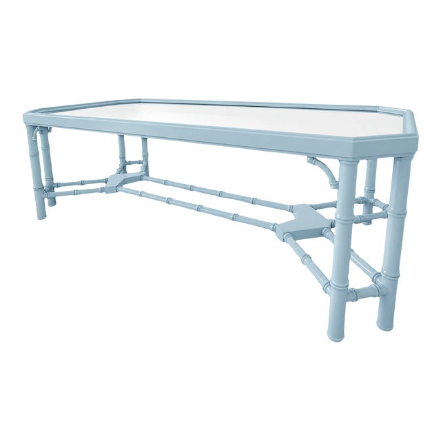 Vintage Faux Bamboo Coffee Table in Benjamin Moore Blue Hydrangea For Sale