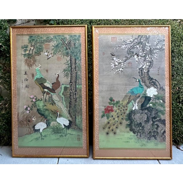 Chelsea House Pair of Monumental Hand-Painted Silk Paintings Chinoiserie – Original Labels 4586A & 4586B This...