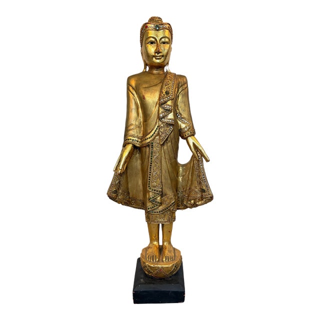 Early 20th Century Burmese Mandalay Standing Gilt Wood Buddha Sculpture For Sale
