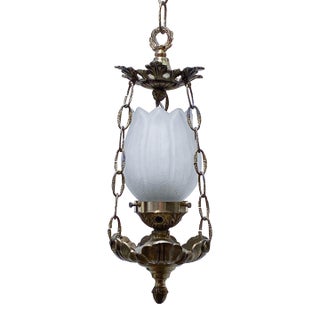 Vintage Brass Lantern With Frosted Glass Shade For Sale