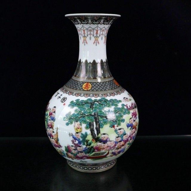 Blue Vintage Famille Rose Vase With "Hundred Children" Motif For Sale - Image 8 of 9