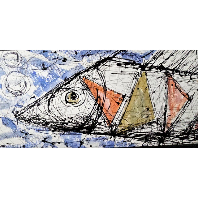 Paint Mid-Century Modernist Painting of Stylized Fish and Sailfish Yachts For Sale - Image 7 of 10