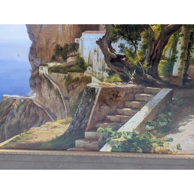 Late 20th Century Large Blue & Green “A Loggia at Amalfi” Landscape After C. F. Aagaard in Ornate Gold Frame For Sale - Image 12 of 14