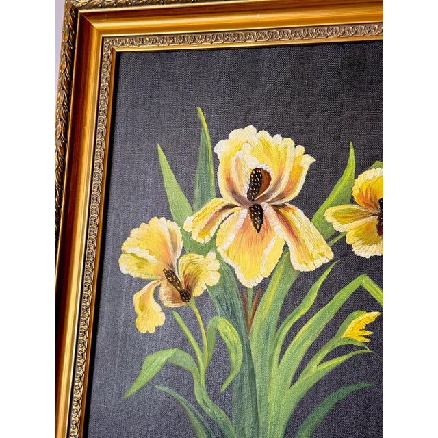 Black "Irises" Original Contemporary Botanical Oil Painting on Canvas With Black Background For Sale - Image 8 of 14