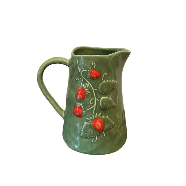 Mid-Century Modern Portuguese Majolica Strawberry Pitcher – Sage Green Earthenware, Hand-Painted Relief Fruit Design, Bordallo Pinheiro Style For Sale - Image 3 of 7