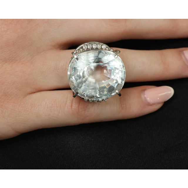 Late 20th Century Rare 62.78ct Natural Aquamarine & 0.25ct Diamond Platinum Ring, 29.1g Size 6 For Sale - Image 11 of 18