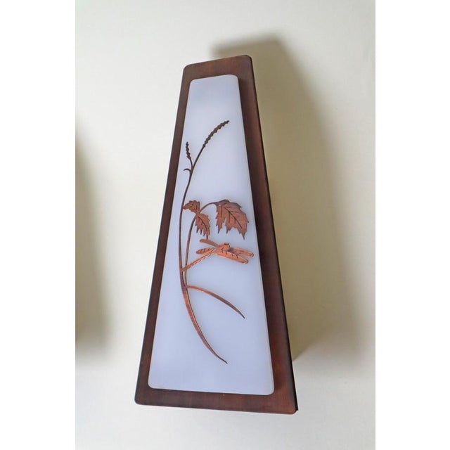 Mid-Century Modern Copper and Acrylic Glass Wall Lights with Heron & Dragonfly, 1950s, Set of 2 For Sale - Image 11 of 17