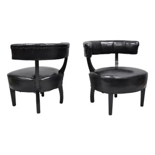 Vintage Mid Century Modern Low Black Barrel Back Lounge Club Chairs - A Pair For Sale