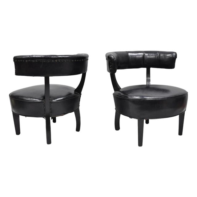 Vintage Mid Century Modern Low Black Barrel Back Lounge Club Chairs - A Pair For Sale