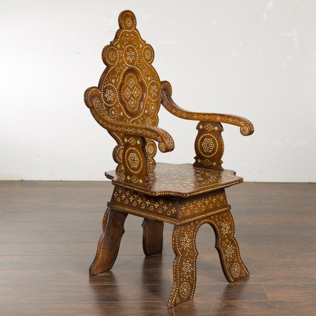 Early 20th Century Moroccan Richly Inlaid Armchair with Carved Back and Scrolling Arms, circa 1900 For Sale - Image 5 of 12