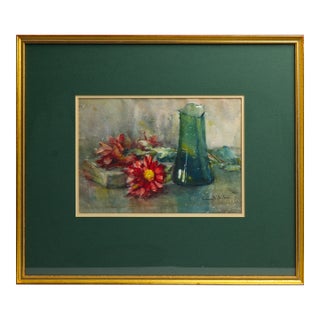 Anna S. Fisher Antique Watercolor Still Life, Red Flowers, Signed For Sale