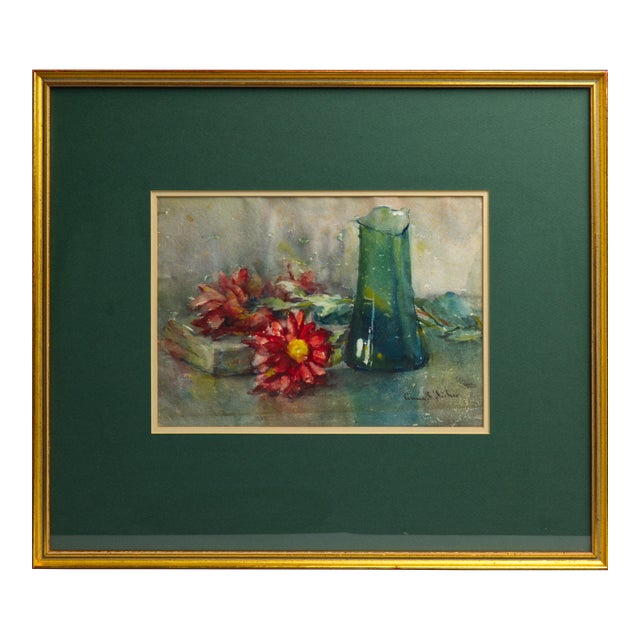 Anna S. Fisher Antique Watercolor Still Life, Red Flowers, Signed For Sale