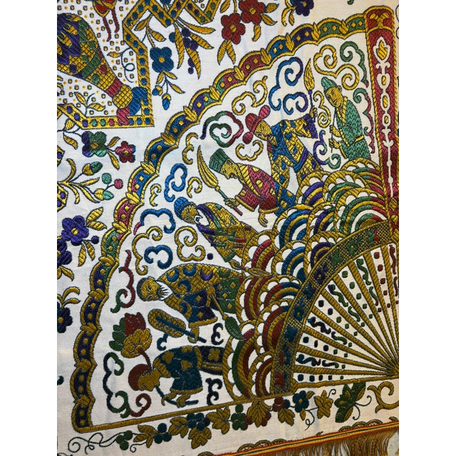 Vintage Gold Brocade Silk Blend Chinoiserie Fringe Tablecloth or Tapestry 55 X 49 For Sale - Image 16 of 17