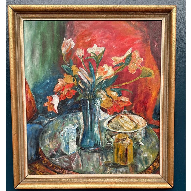 Original Scandinavian Oil on Panel – Unknown Artist – “Vase” – Vintage & Framed – 70 × 79 cm (27.6" × 31.1") A decorative...