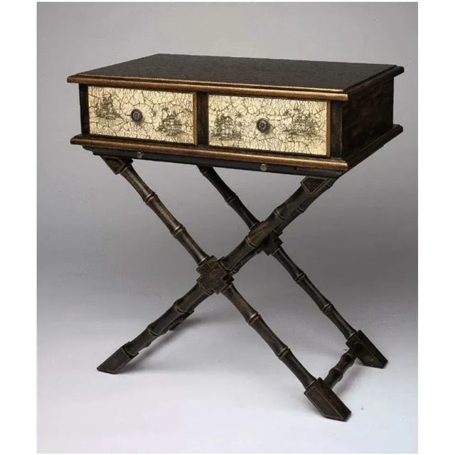 Two-drawer faux bamboo crossed legs table with crackle paint finish by The Bradburn Home Gallery. Pull out tray. Faux...