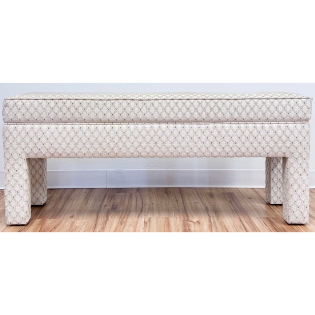 Vintage parsons style bench featuring raised chenille or boucle weave ivory trellis lattice pattern with blue diamond...