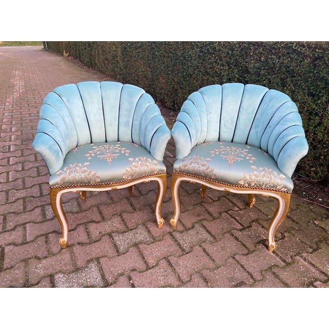 1980s Artisan Gilded Beech Louis XV Blue Side Chairs Pair For Sale - Image 4 of 10
