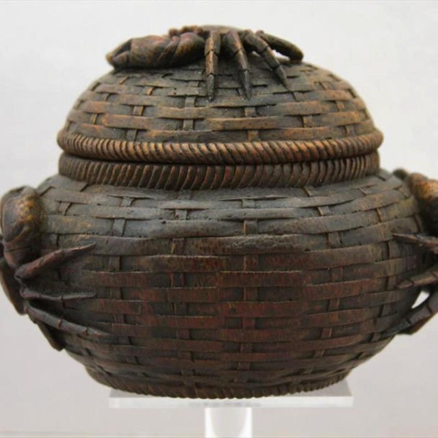 Wood Antique Japanese Carved Wood Crab Basket Okimono, Meiji-Taishō Period For Sale - Image 7 of 13