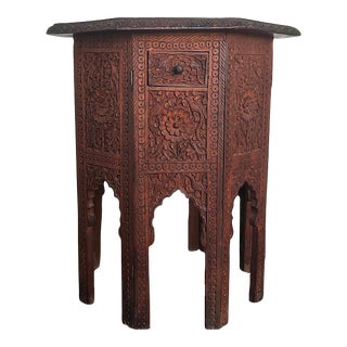Mid 20th Century Moroccan Teak Octagon Carved Side Accent Table For Sale