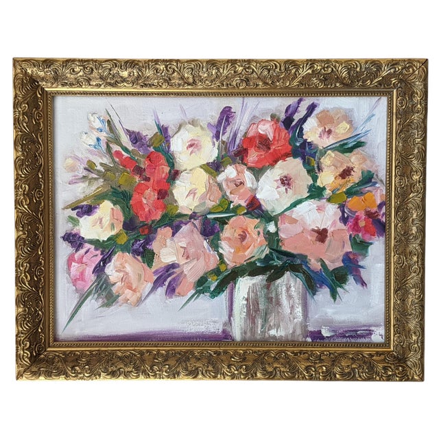 An Original Still Life Expressionist Impasto Floral Bouquet Oil Painting Framed 11 x 14 Signed and Dated by the Artist on...