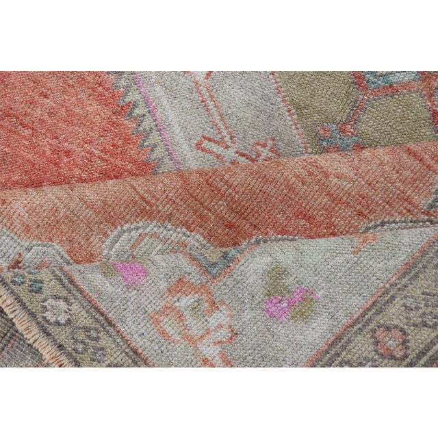 Vintage Turkish Oushak Gallery Runner in Coral, Grey, Green, Lavender, Yellow For Sale - Image 10 of 11