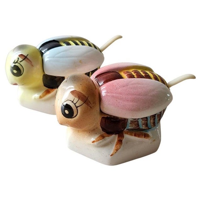 1950s Adorable set of 2 Bumble Bee Honey Pots each with original serving spoon condiment server salt cellars jam spread...