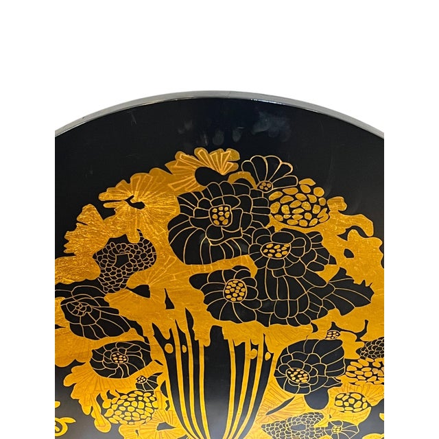 Fabulous 1980’s Art Deco revival black and gold lacquer screen or divider. Beautiful stylized gold flower filled vase...