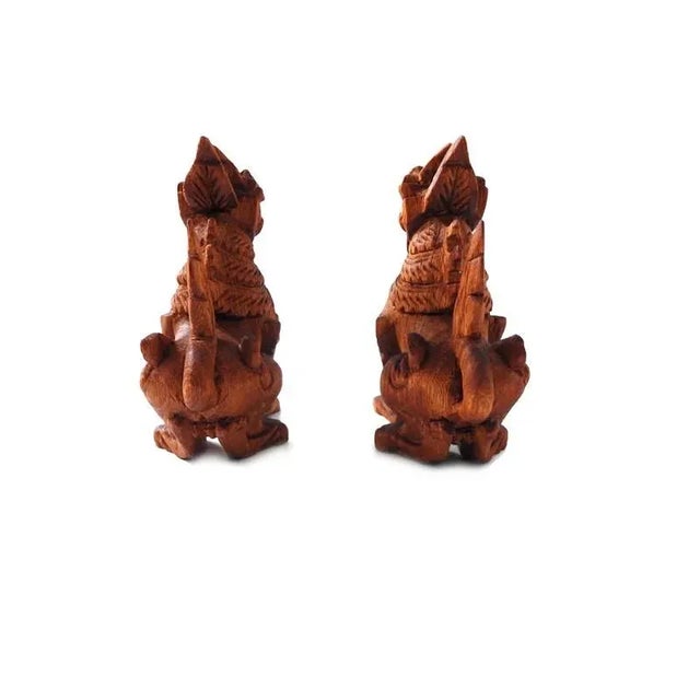 Wood 1950s Thai Carved Wood Singha Temple Lion Figurines Set of 2 For Sale - Image 7 of 10