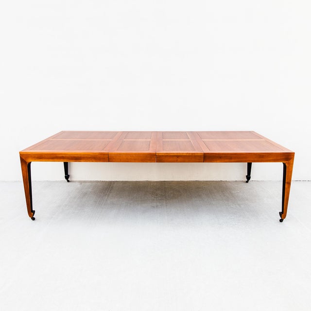 1970s Restored Michael Taylor for Baker Walnut & Black Lacquer Extension Dining Table For Sale - Image 13 of 18