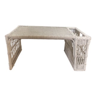 Vintage Boho Chic White Wicker Breakfast Lap Tray For Sale