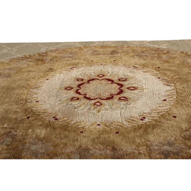 Rug & Kilim Rug & Kilim’s Aubusson Style Rug in Beige-Brown and Green Medallion Pattern For Sale - Image 4 of 6