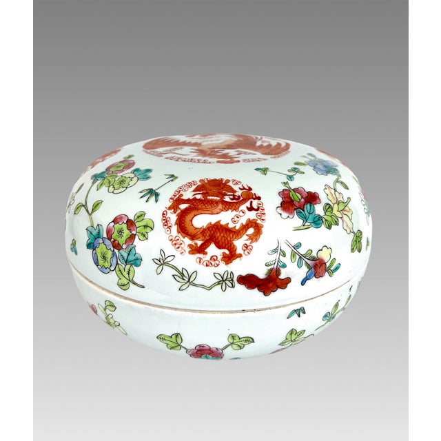 Vintage Red Pheonix, Dragons & Floral White Porcelain Chinese Covered Serving Bowl (Gift Box), a Pair Available For Sale - Image 4 of 11