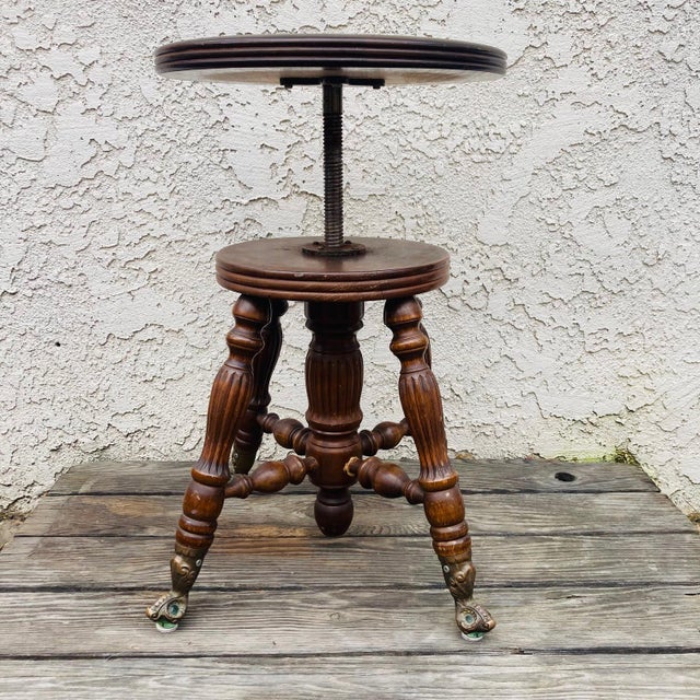 Early 1900s Adjustable Oak Piano Stool With Glass Ball Claw Feet For Sale - Image 12 of 12
