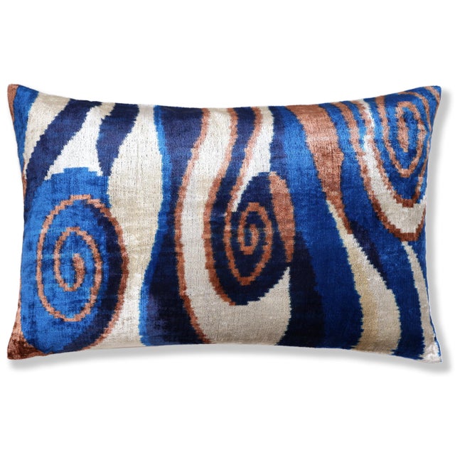 Mid-Century Modern Handmade Velvet Ikat Lumbar Pillow 16x24 | Blue Swirl Stripe For Sale - Image 3 of 8