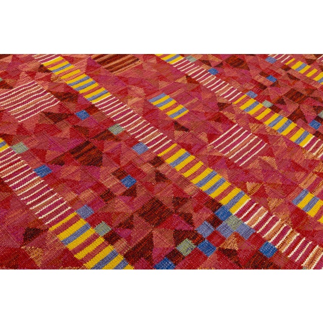 Red Modern Scandinavian Red Kilim – Handmade Geometric Flatweave Wool 9x12 For Sale - Image 8 of 10