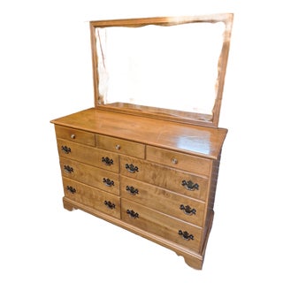 1970s Baumritter Ethan Allen Maple 9 Drawer Dresser With Matching Mirror For Sale