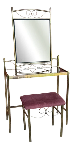 Vintage French Art Deco Style Vanity Table in Brass 1960s, Set of 3