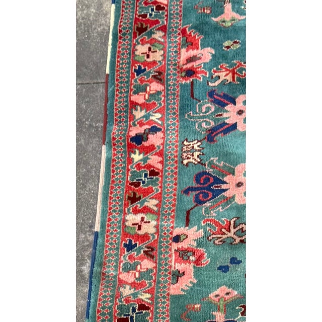 Mid 20th Century Mid-Century Hand Knotted Floral Turquoise Pink Wool Rug For Sale - Image 5 of 8