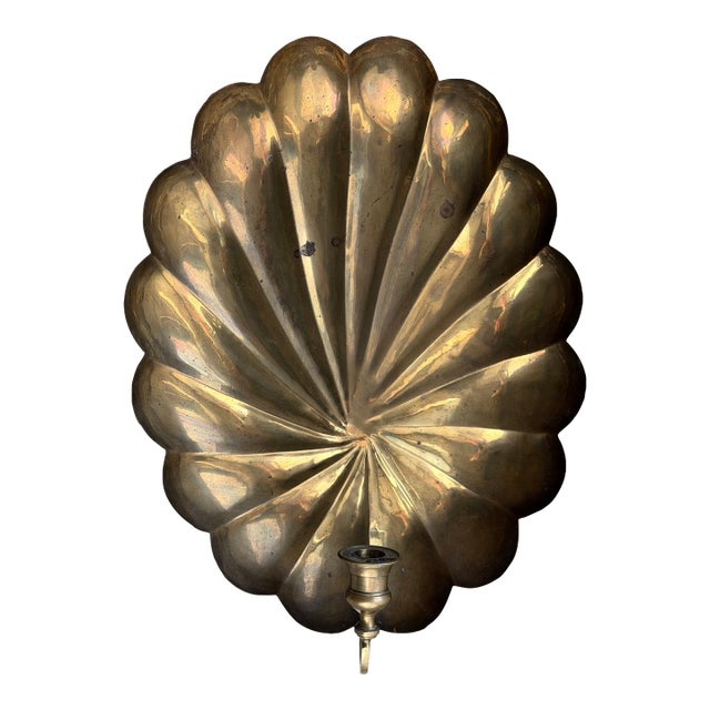 Vintage Mid-Century Scalloped Brass Candleholder For Sale