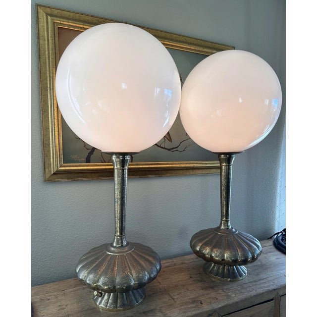 Pair of Large 1920s Etched Floral Brass Globe Table Lamps For Sale - Image 4 of 12