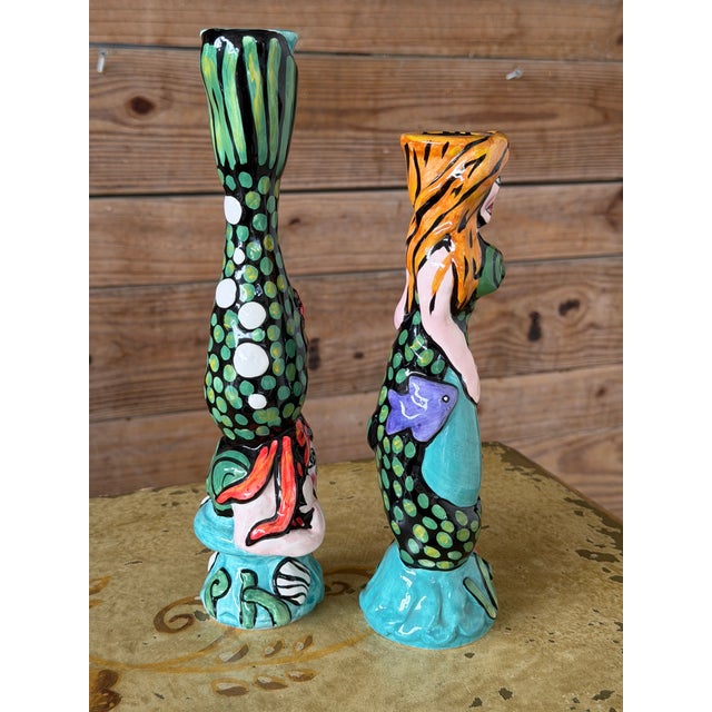 2010s Pair of Whimsical Hand-Painted Ceramic Mermaid Candlestick Holders For Sale - Image 5 of 9