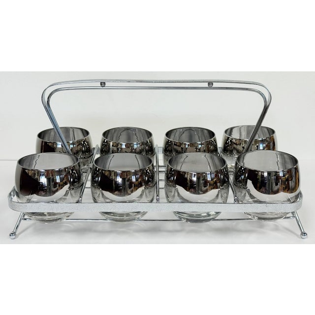 Mid 20th Century Vintage Dorothy Thorpe Silver Fade Roly Poly Glasses Set of 8 in Caddy For Sale - Image 5 of 11