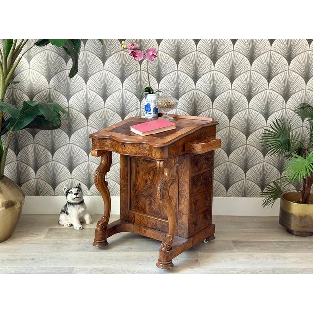 Antique Victorian Burl Walnut Wood and Leather Davenport Writing Table Secretary Desk Dimensions: 32" TALL 29 1/2” TALL...
