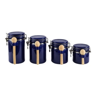 VTG Gibson Rounded Cobalt Blue Canister Set W/ Original Wooden Scoops! EUC/Mint For Sale